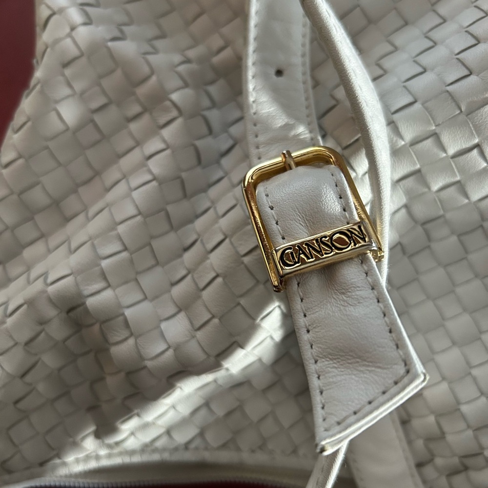 Ganson White Woven Shoulder Bag with Gold Buckle